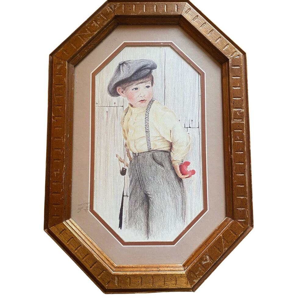 SIGNED Framed Pencil Art Print Early American Boy Kathleen Casey 1986 Wall Decor